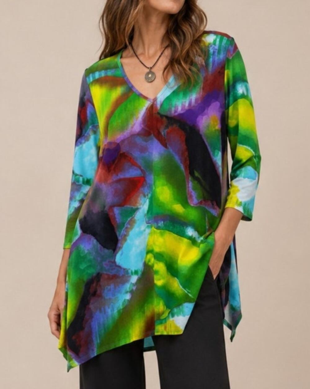 Clara Sun Woo Watercolor Tunic Top Size M Green Art To Wear Boho Lagenlook